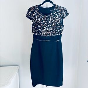 Covington Cap Sleeved Sheath Dress Belted Waist Black, Leopard Print Mini, Sz 6